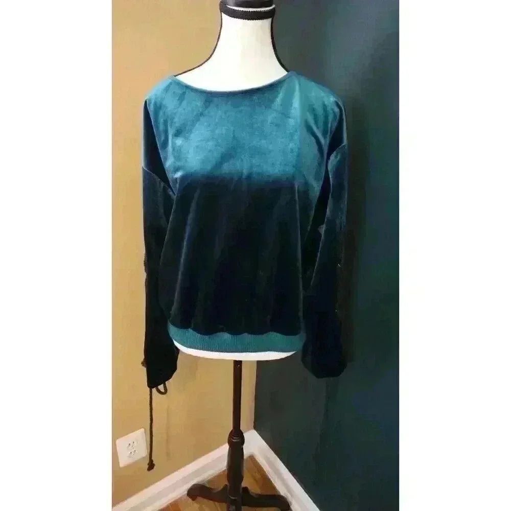 LIE by Lee Chung Chung Velvet Lace-Up Sleeve Top in Teal - Size S